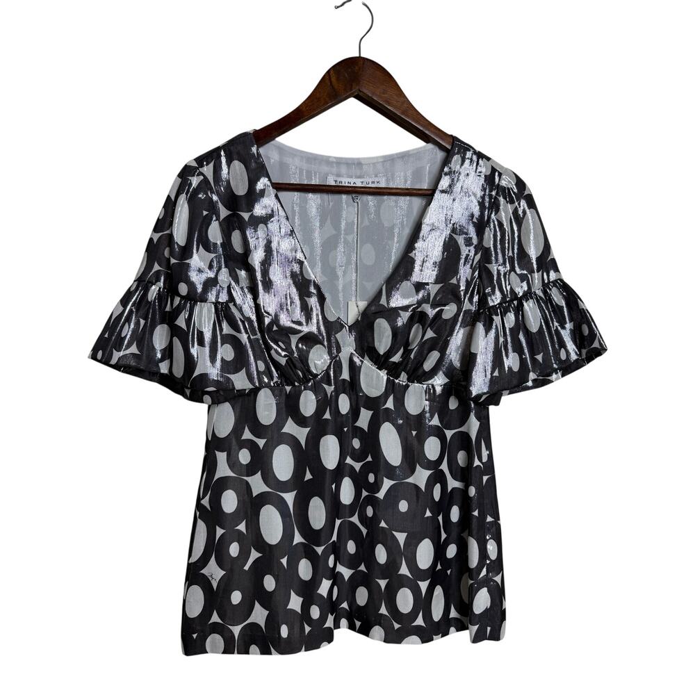 Trina Turk Metallic Silver Geometric Silk Linen Flutter Sleeve Top S NWT